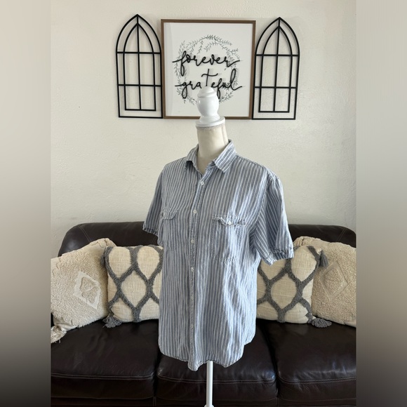 Merona Classic Blue Pinstriped Linen Blend Short Sleeve Button Down Shirt Sz M - Picture 6 of 11